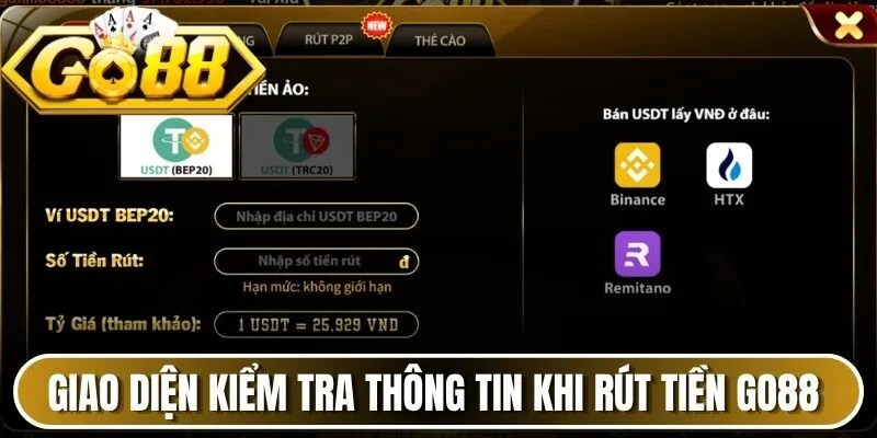 Kiểm tra thông tin trước khi thực hiện rút tiền Go88